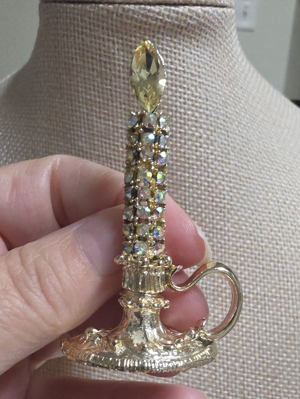 Vintage Dodds AB Rhinestone Candlestick Brooch Gold Tone Holiday Pin